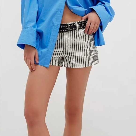 Free People Striped High Waist Railroad Denim Shorts - Picture 2 of 8